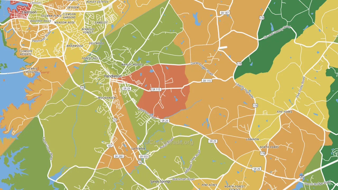 Pendleton, SC Map of Robbery Rates