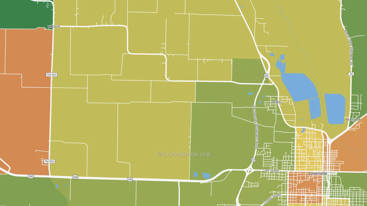 Peniel, TX Map of Robbery Rates