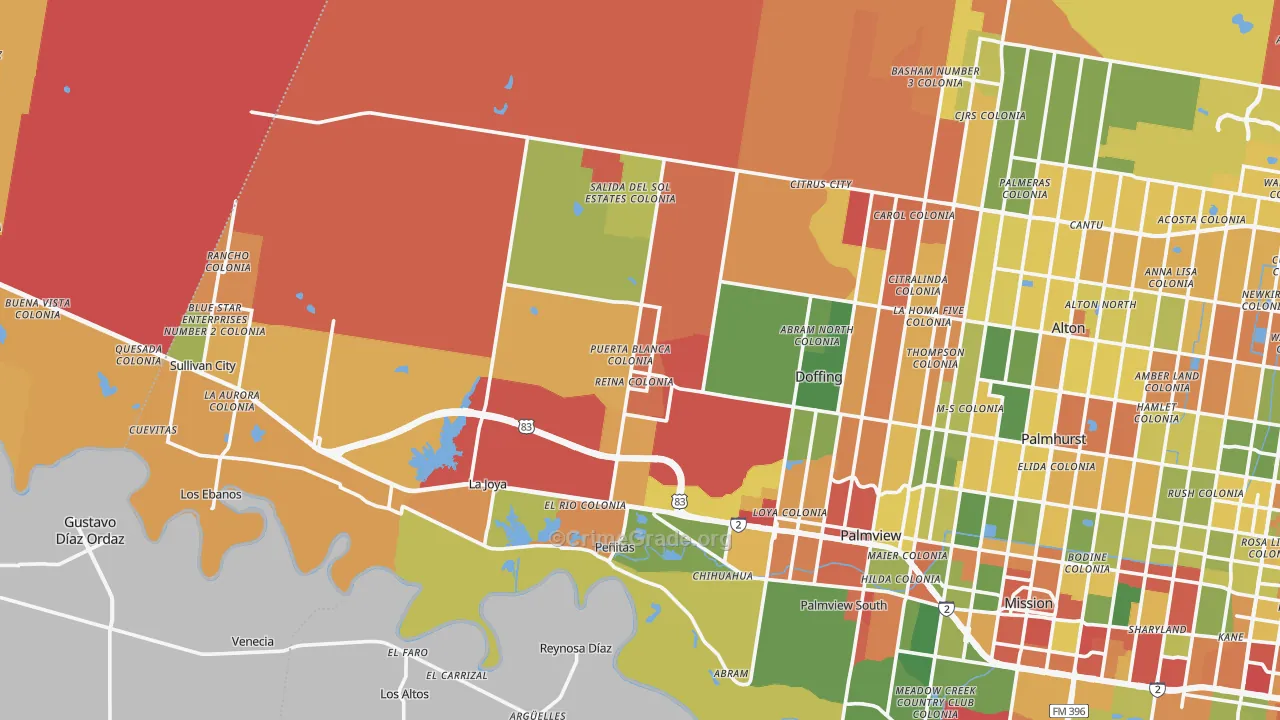 Penitas, TX Map of Robbery Rates