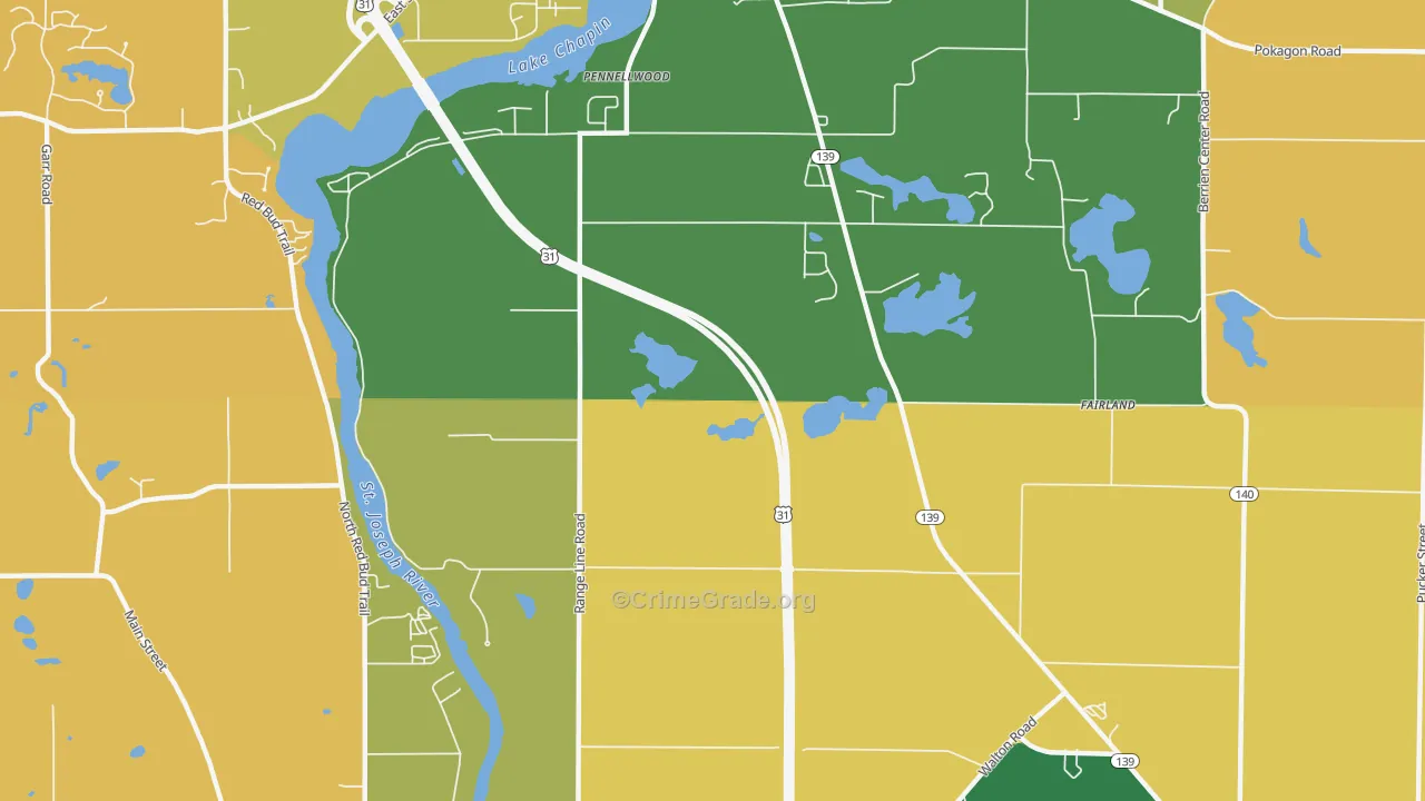 Pennellwood, MI Map of Robbery Rates