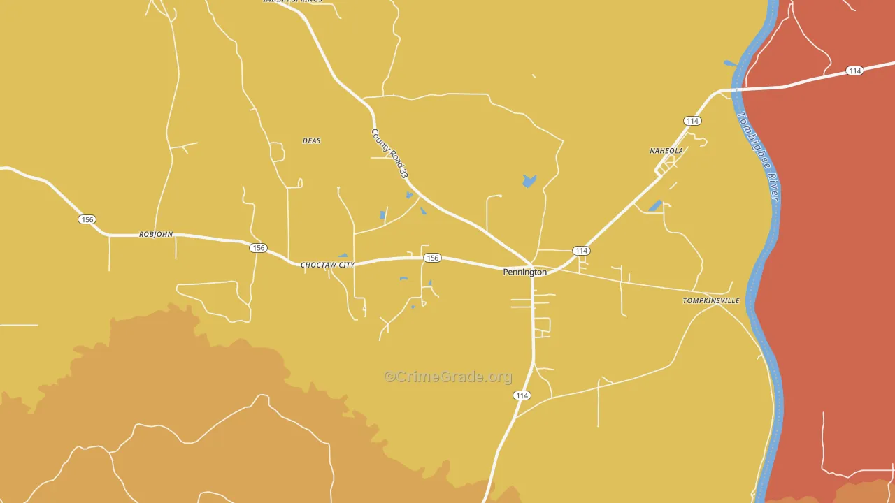 Pennington, AL Map of Robbery Rates