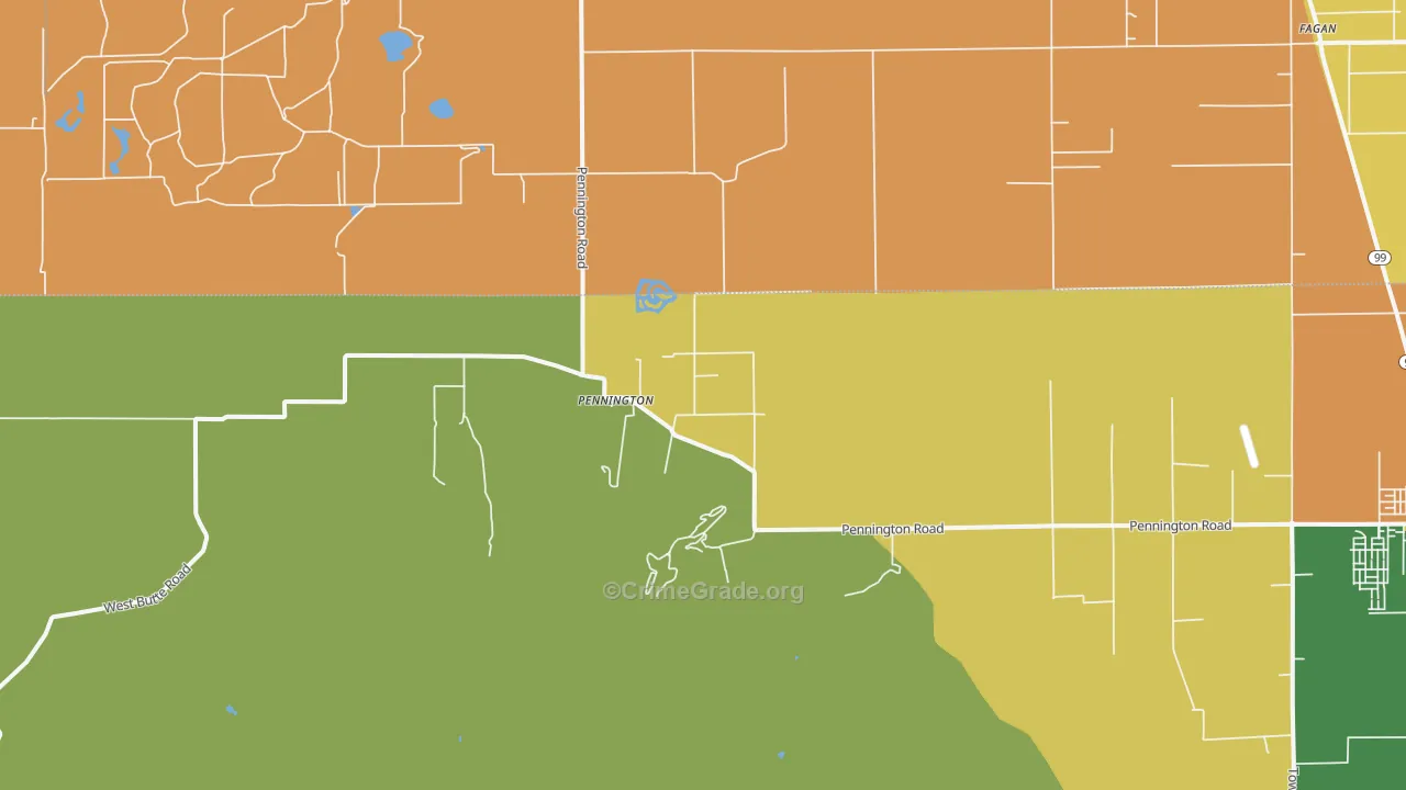 Pennington, CA Map of Robbery Rates