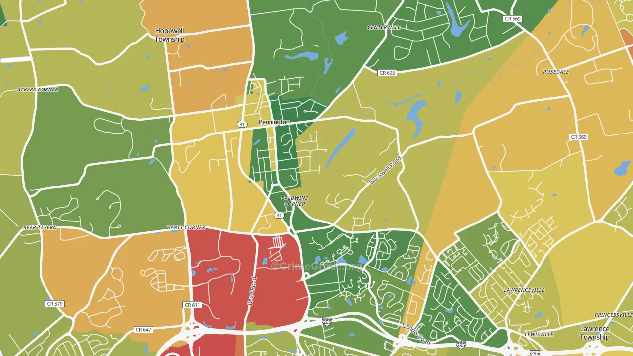 Pennington, NJ Map of Robbery Rates