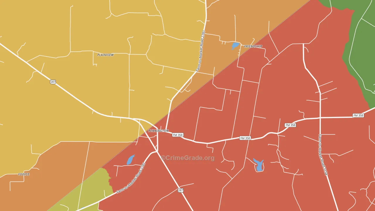 Pennington, TX Map of Robbery Rates
