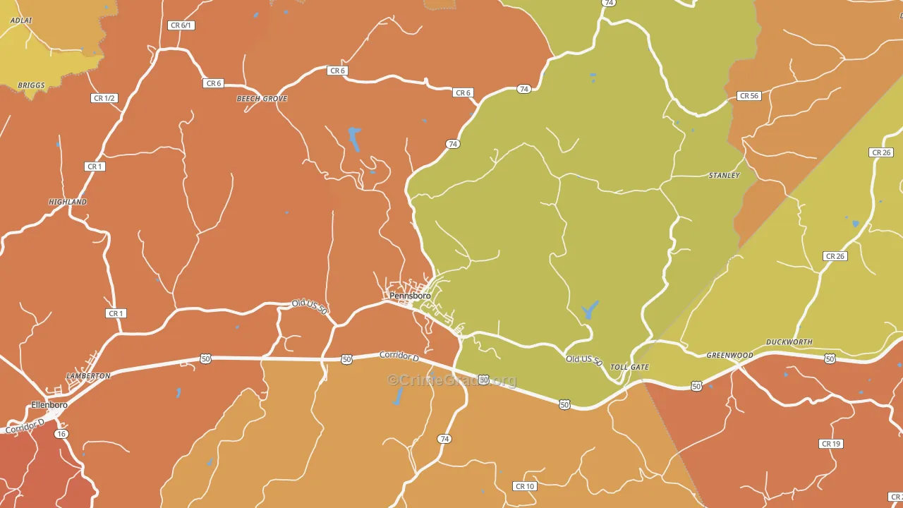 Pennsboro, WV Map of Robbery Rates