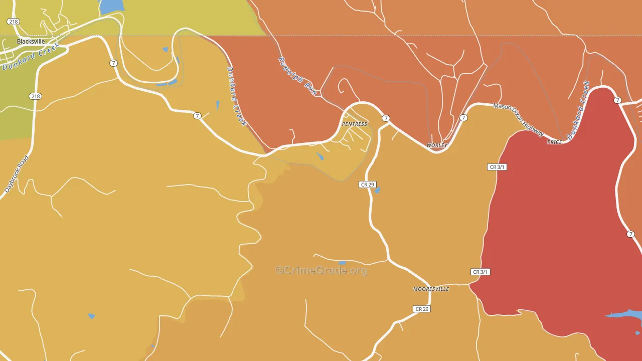 Pentress, WV Map of Robbery Rates