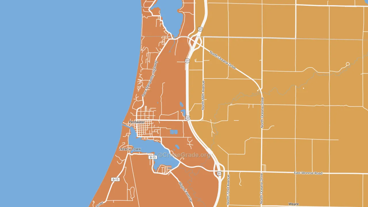 Pentwater, MI Map of Robbery Rates