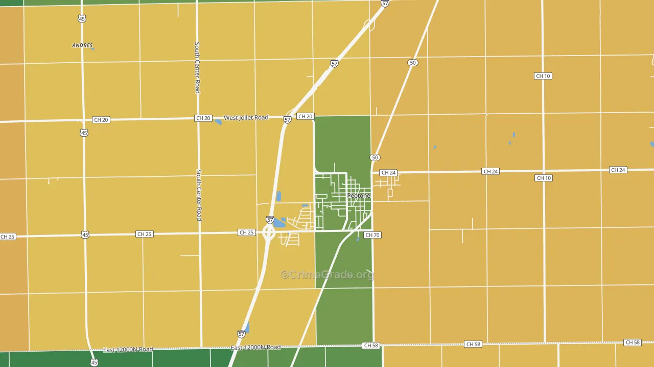 Peotone, IL Map of Robbery Rates