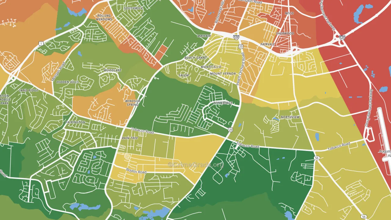 Pepperidge, Augusta, GA Map of Robbery Rates