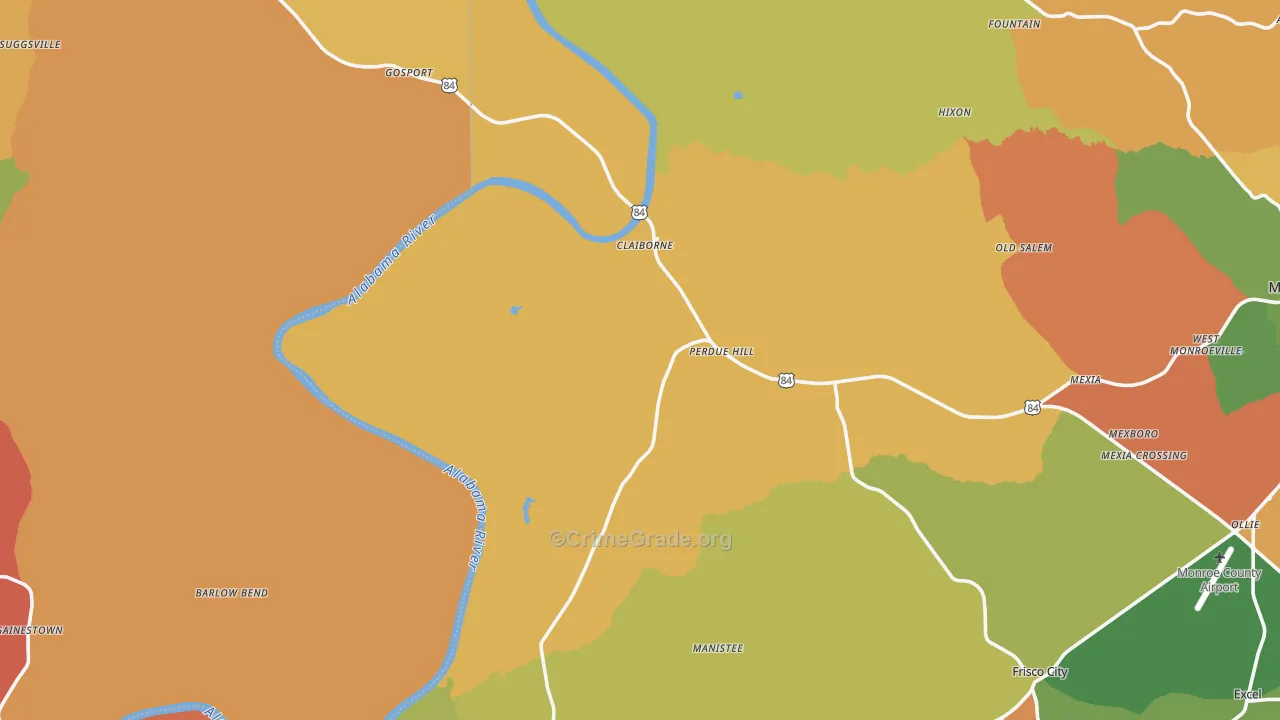 Perdue Hill, AL Map of Robbery Rates