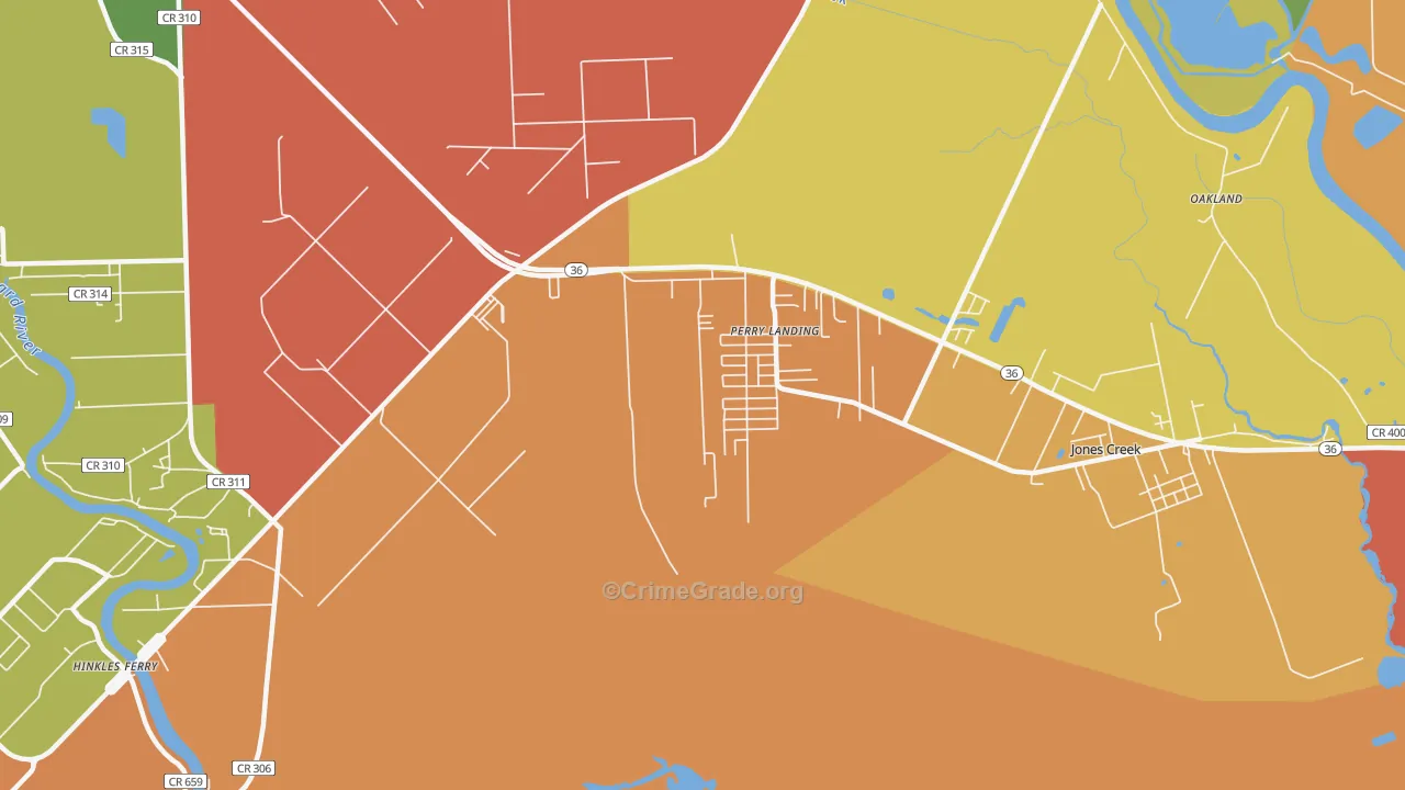 Perry Landing, TX Map of Robbery Rates
