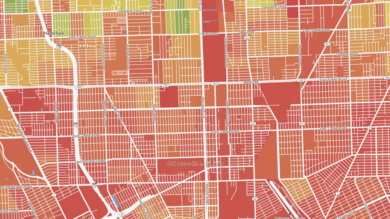 Pershing, Detroit, MI Map of Robbery Rates