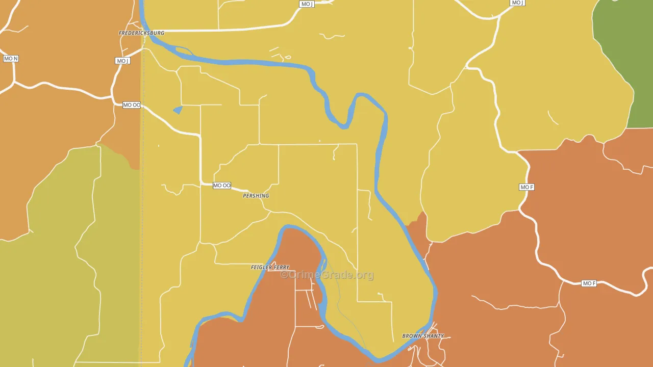 Pershing, MO Map of Robbery Rates
