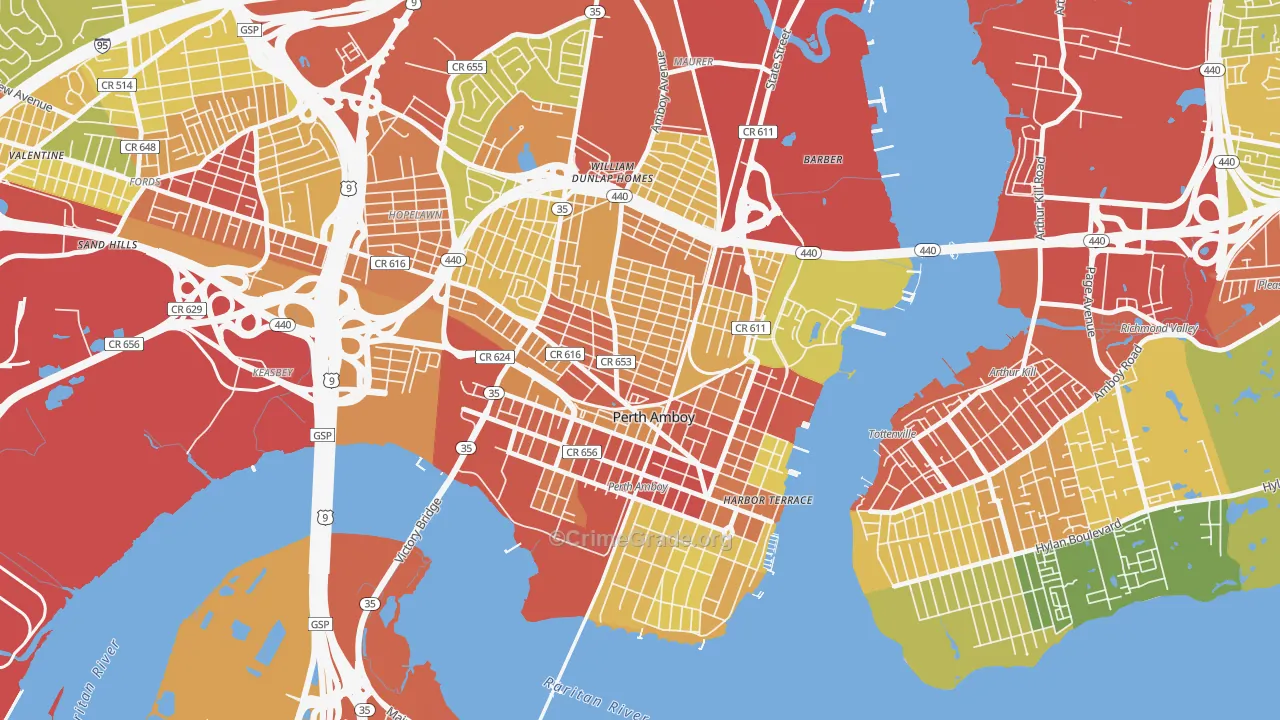 Perth Amboy, NJ Map of Robbery Rates