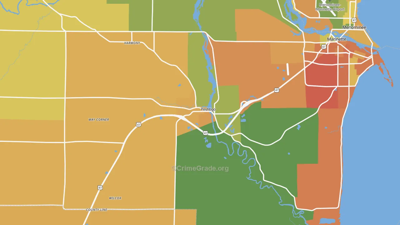 Peshtigo, WI Map of Robbery Rates