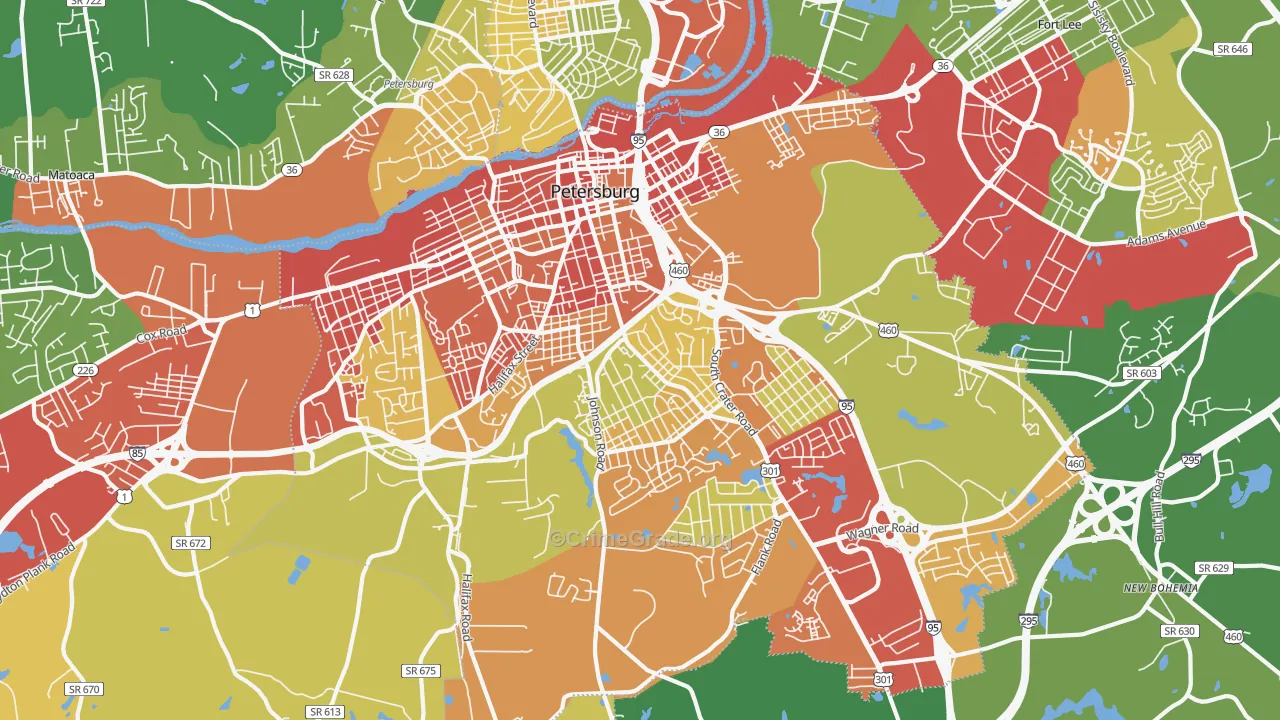 Petersburg City, VA Map of Robbery Rates