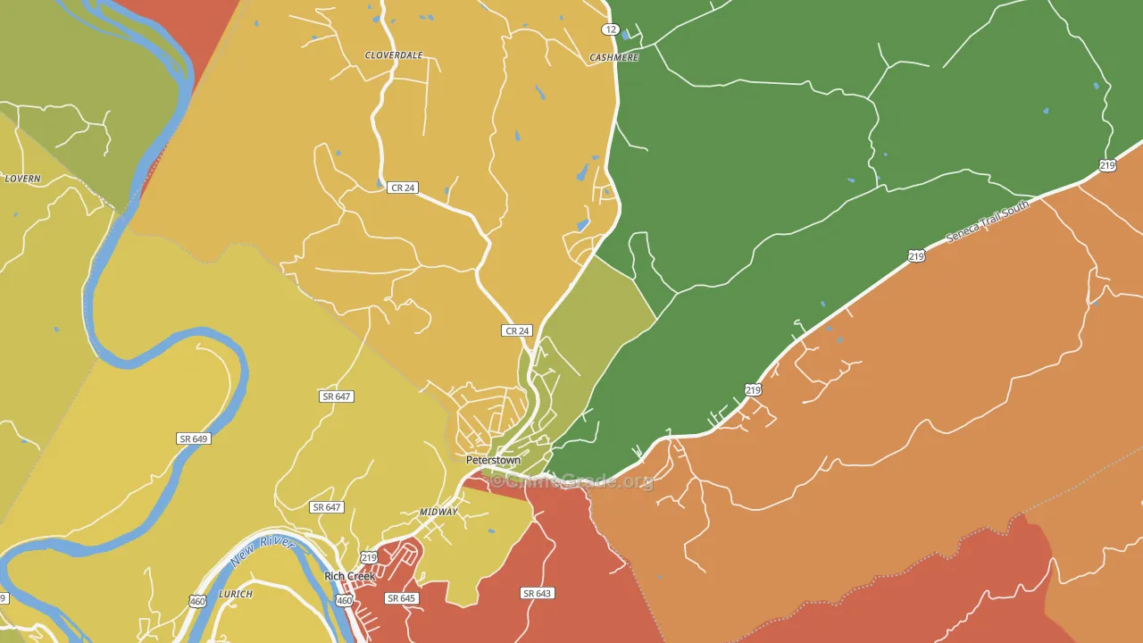 Peterstown, WV Map of Robbery Rates