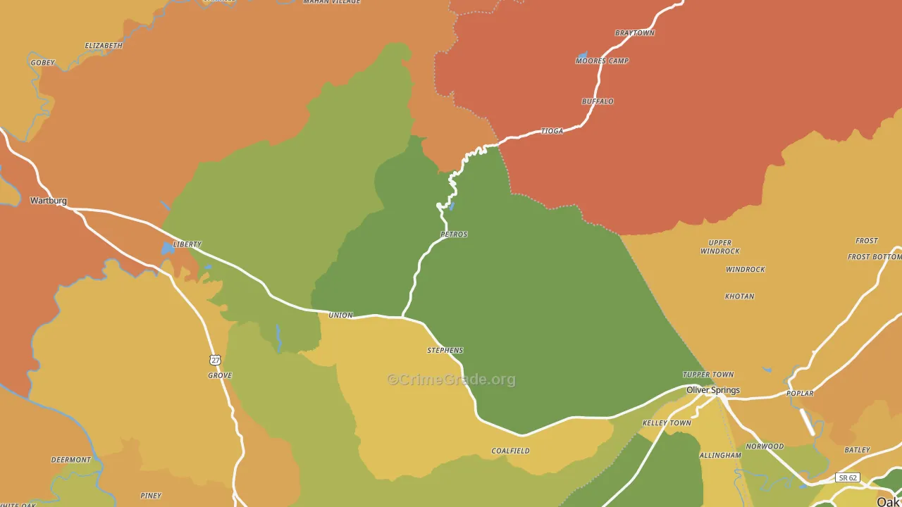 Petros, TN Map of Robbery Rates