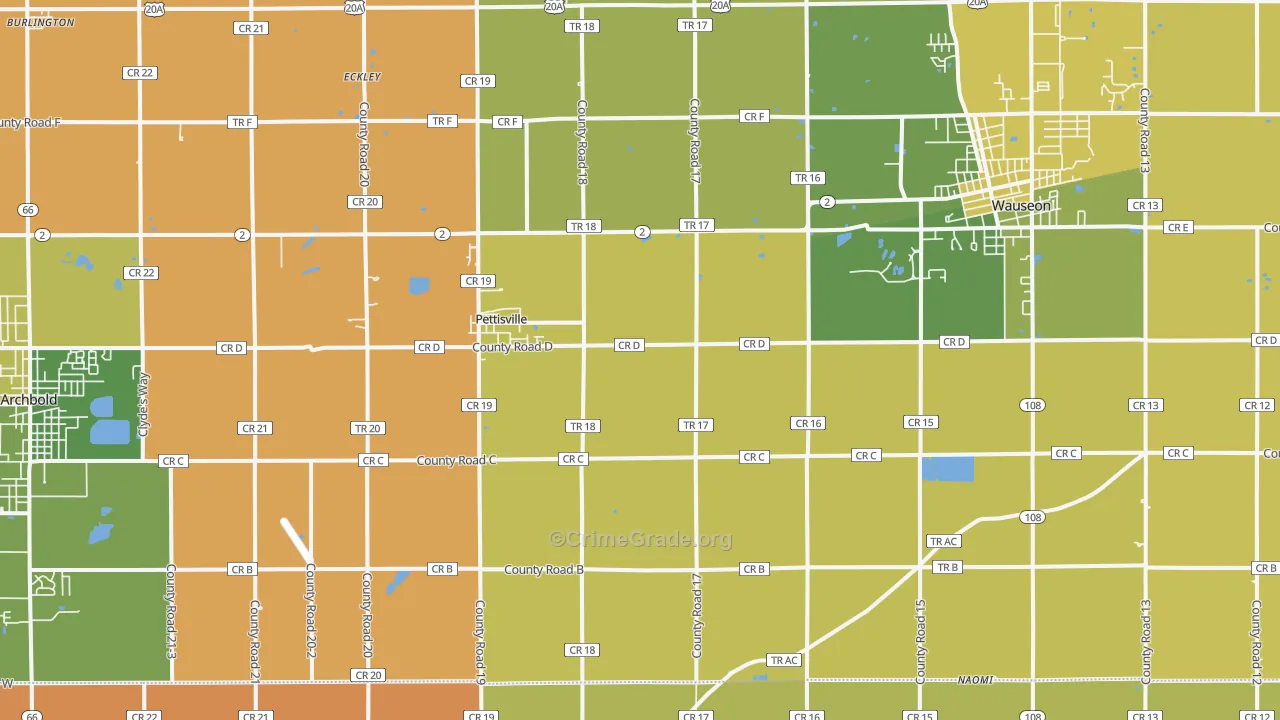 Pettisville, OH Map of Robbery Rates