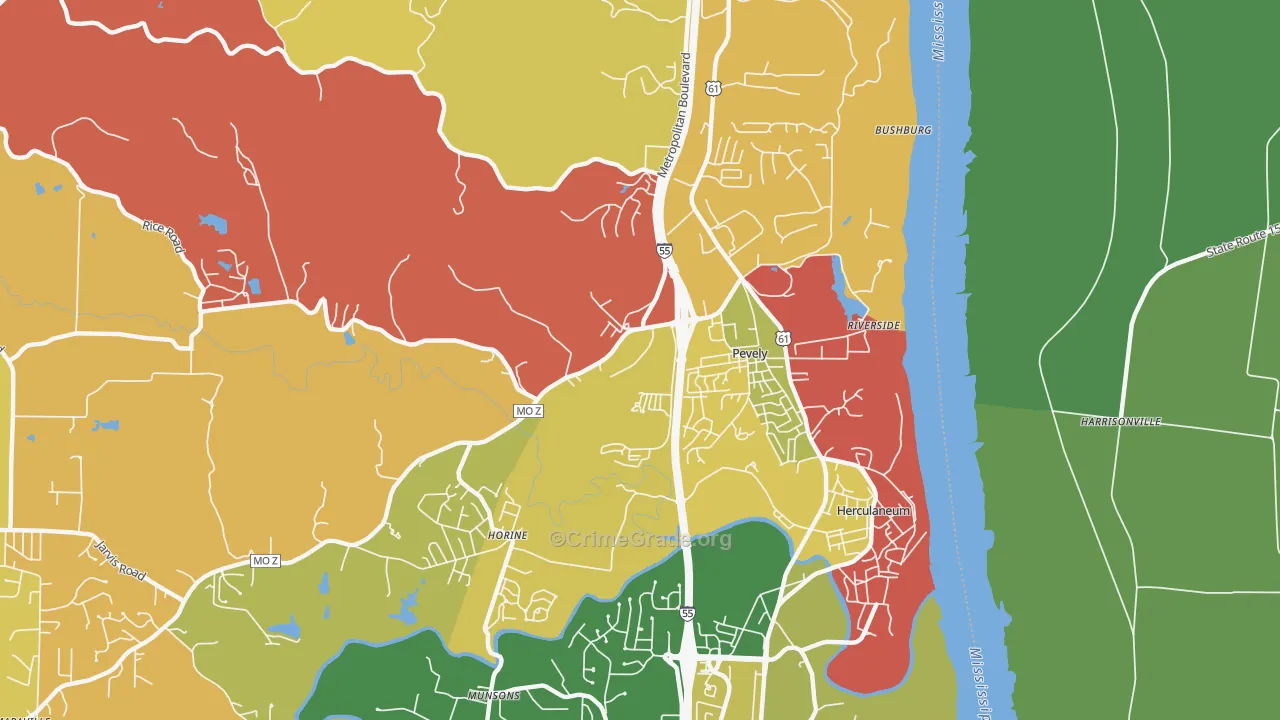 Pevely, MO Map of Robbery Rates