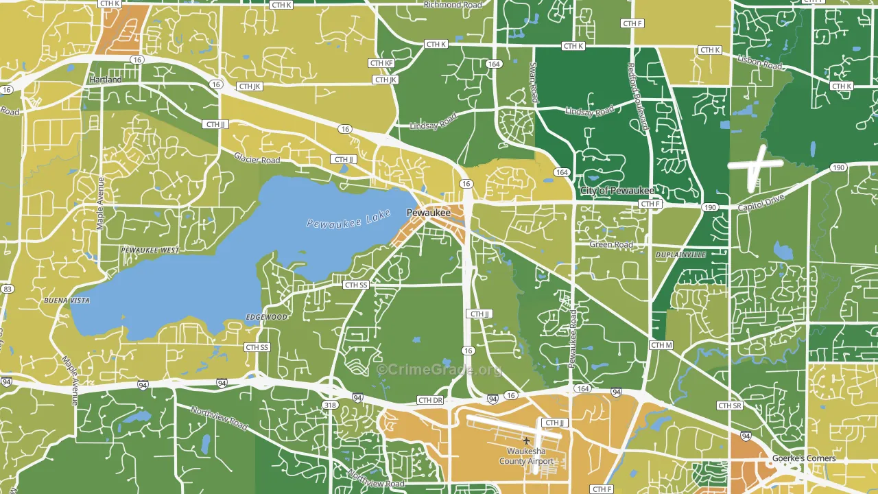 Pewaukee, WI Map of Robbery Rates