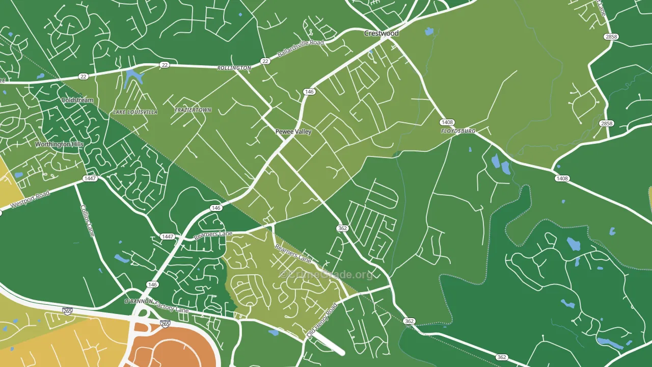 Pewee Valley, KY Map of Robbery Rates