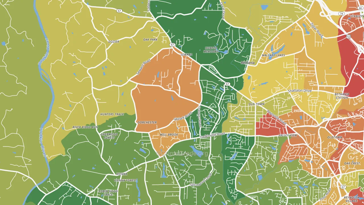 Pfafftown, NC Map of Robbery Rates