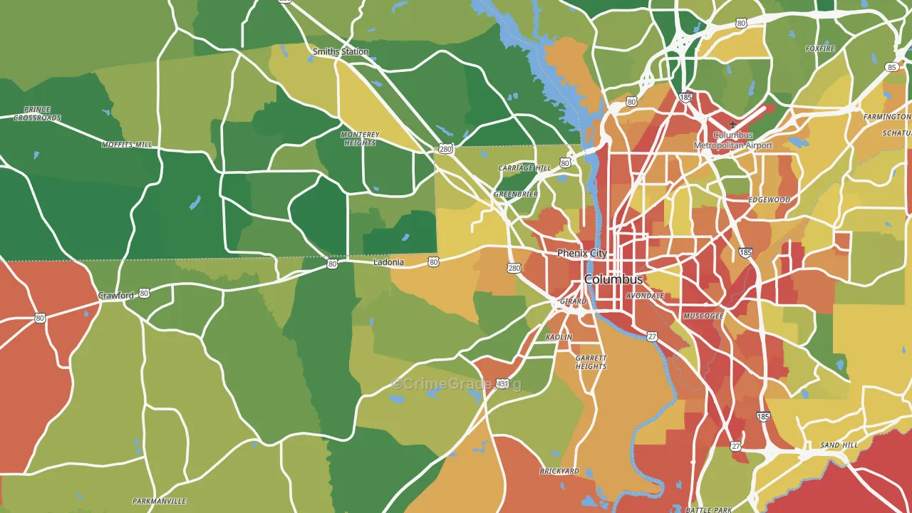 Phenix City, AL Map of Robbery Rates