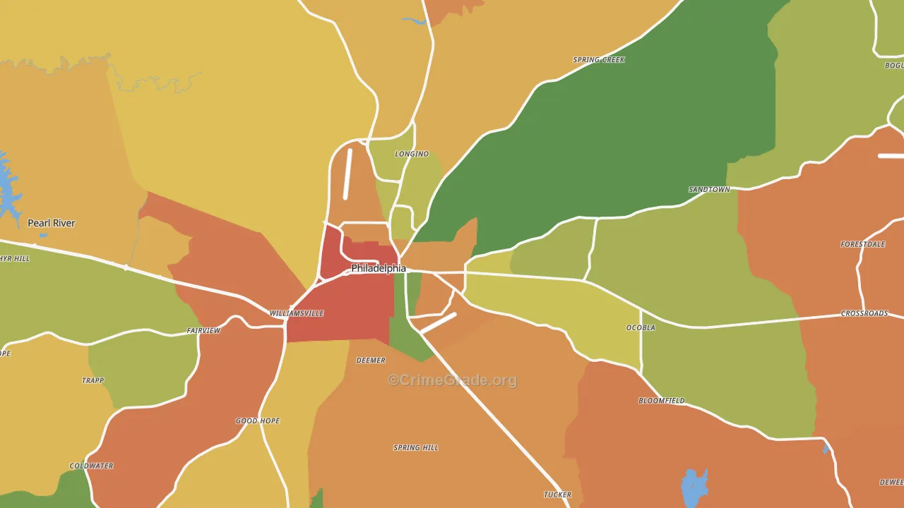Philadelphia, MS Map of Robbery Rates