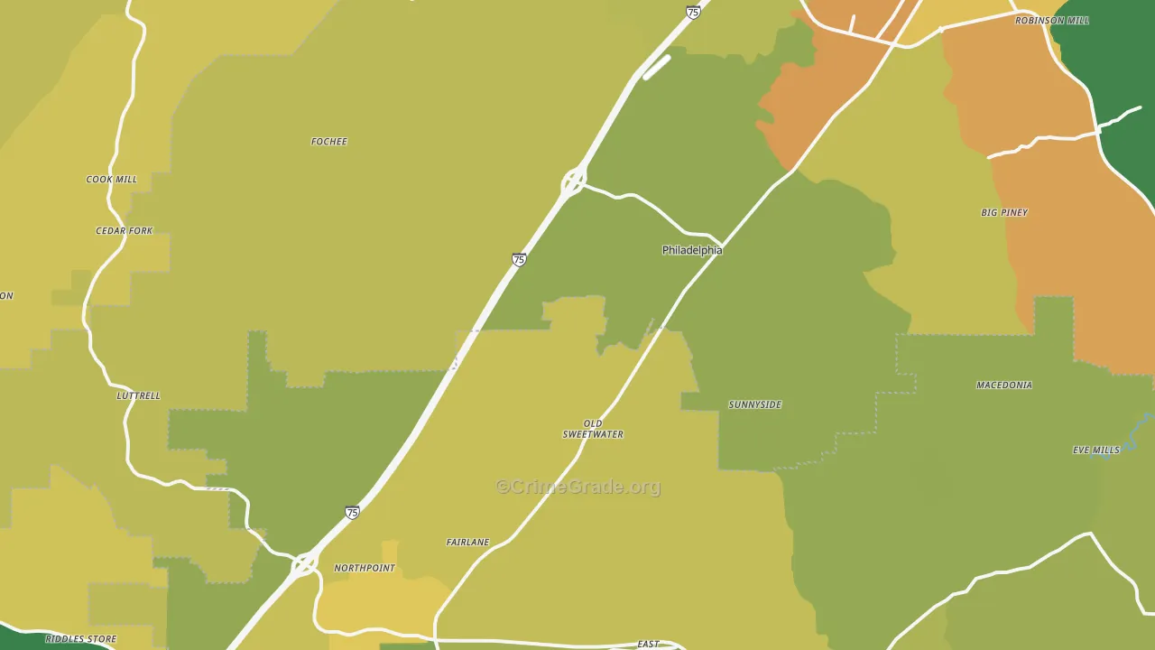 Philadelphia, TN Map of Robbery Rates