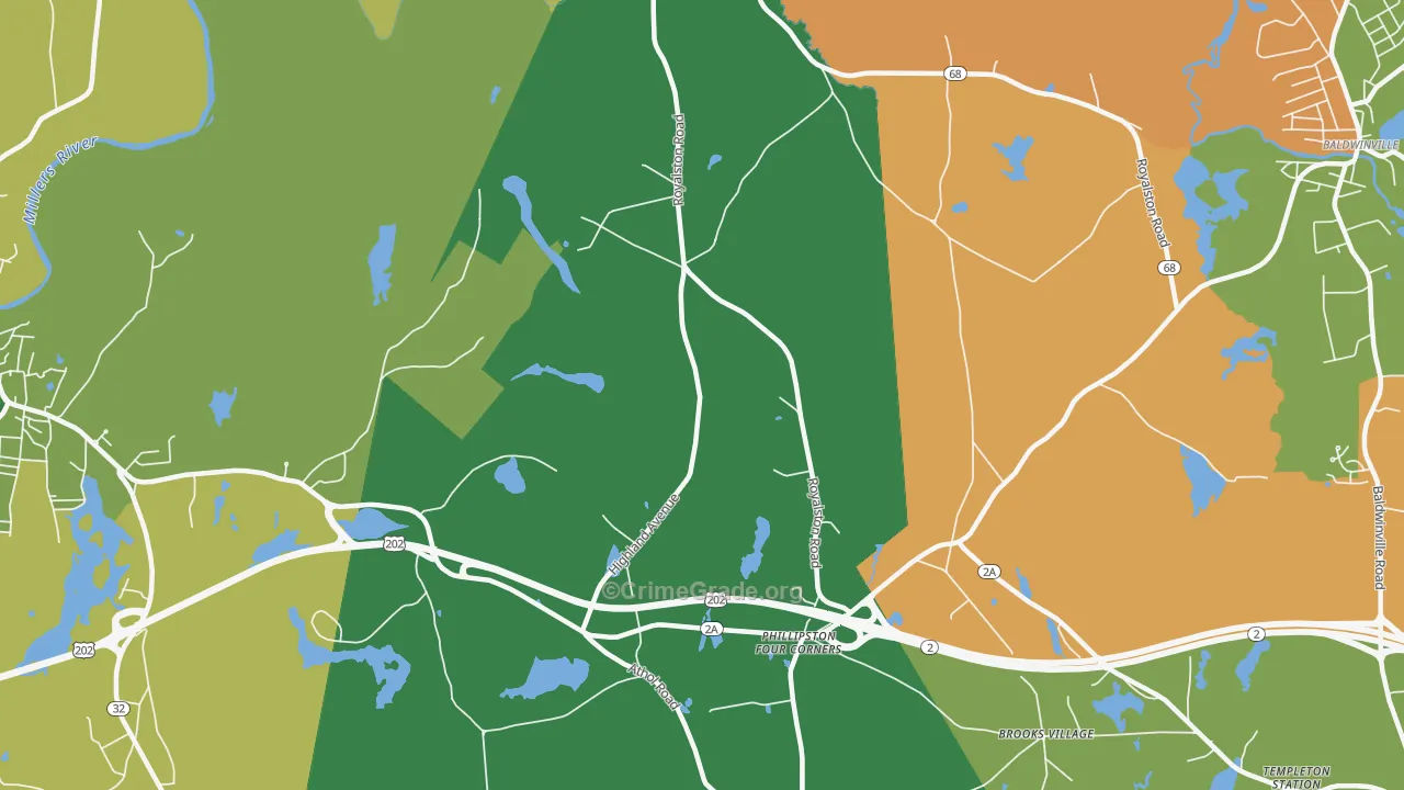 Phillipston Four Corners, MA Map of Robbery Rates