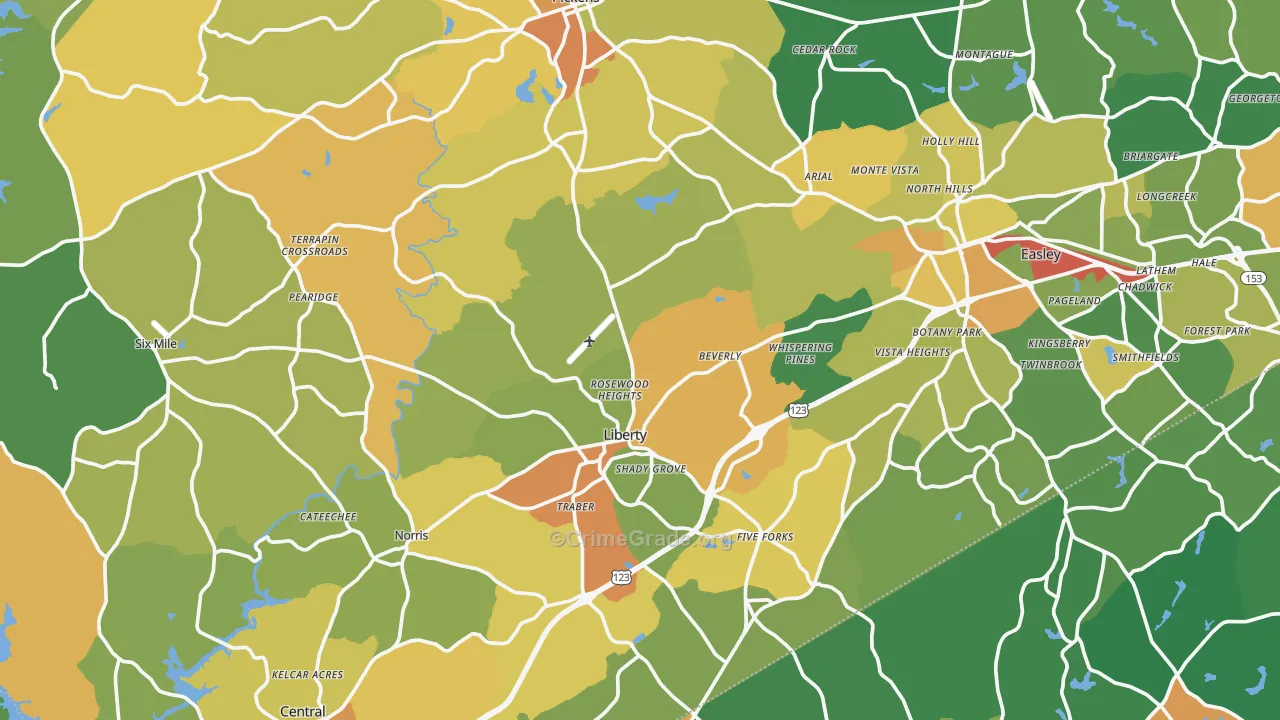 Pickens County, SC Map of Robbery Rates