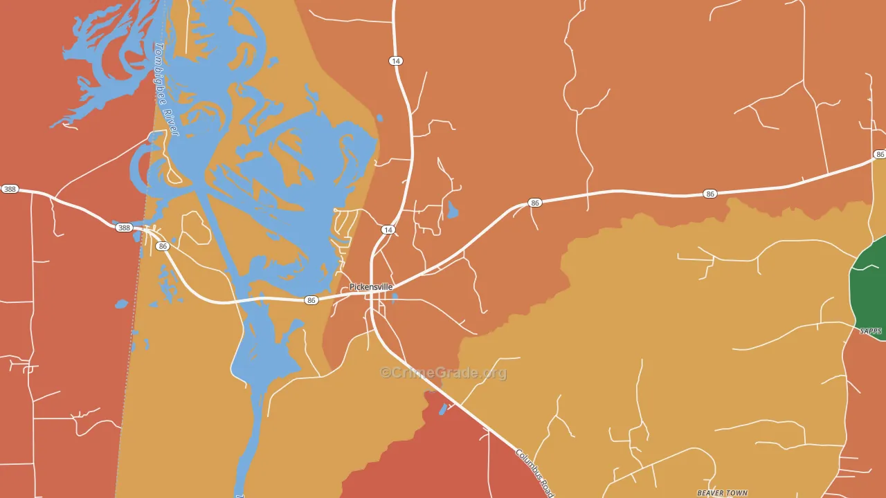 Pickensville, AL Map of Robbery Rates