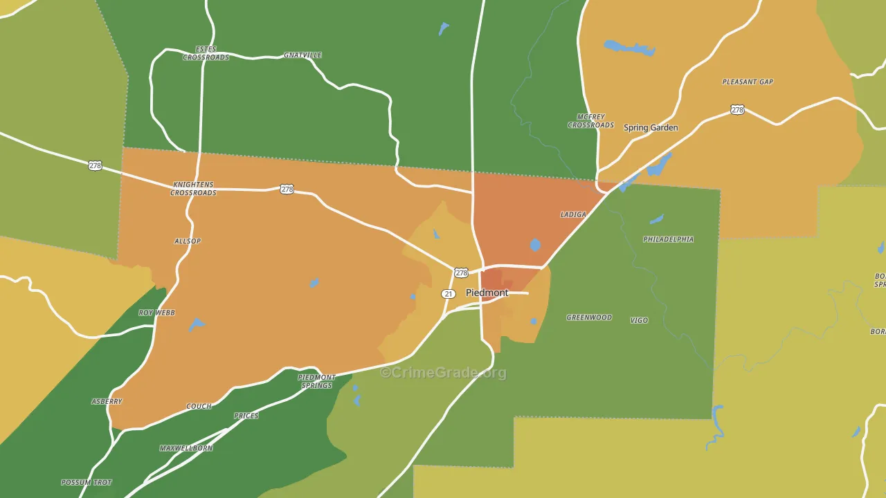 Piedmont, AL Map of Robbery Rates