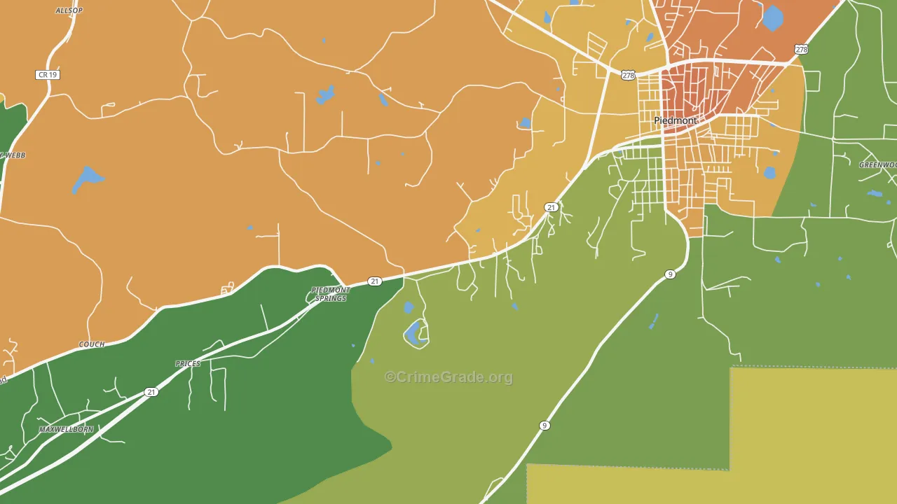 Piedmont Springs, AL Map of Robbery Rates