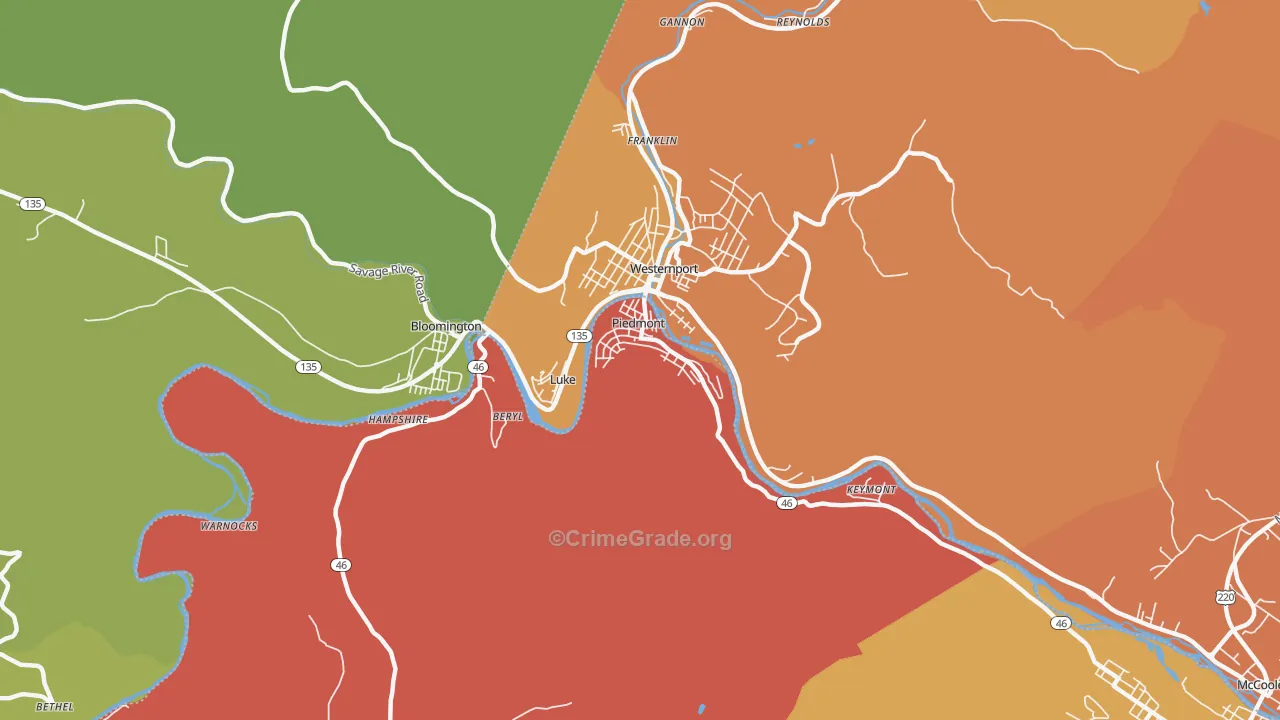 Piedmont, WV Map of Robbery Rates