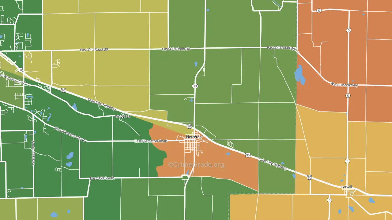 Pierceton, IN Map of Robbery Rates