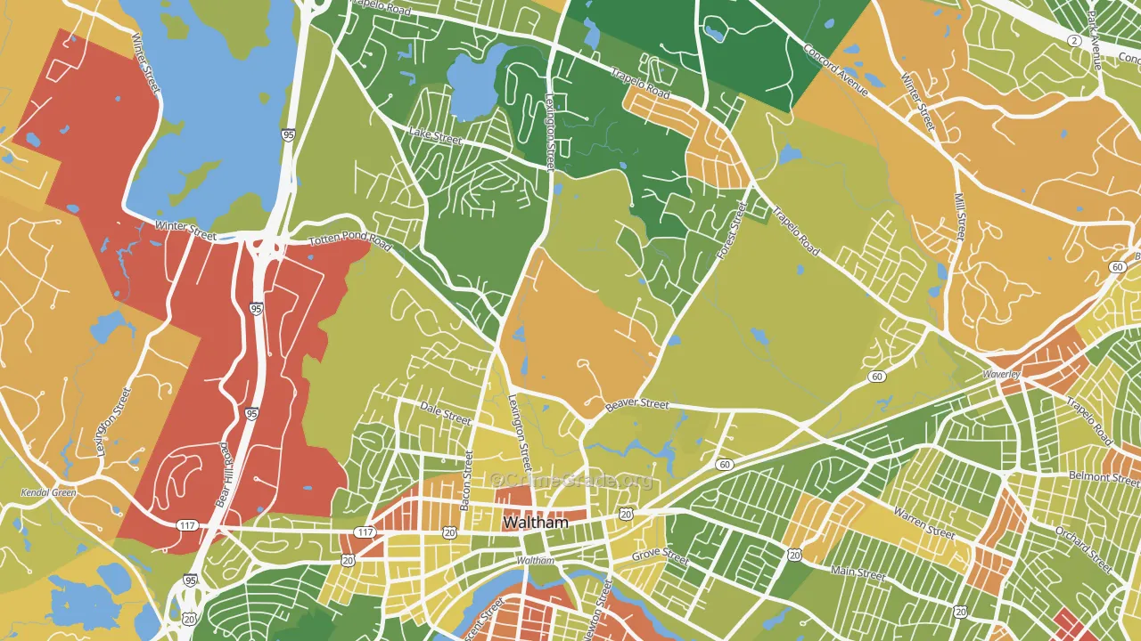Piety Corner, Waltham, MA Map of Robbery Rates