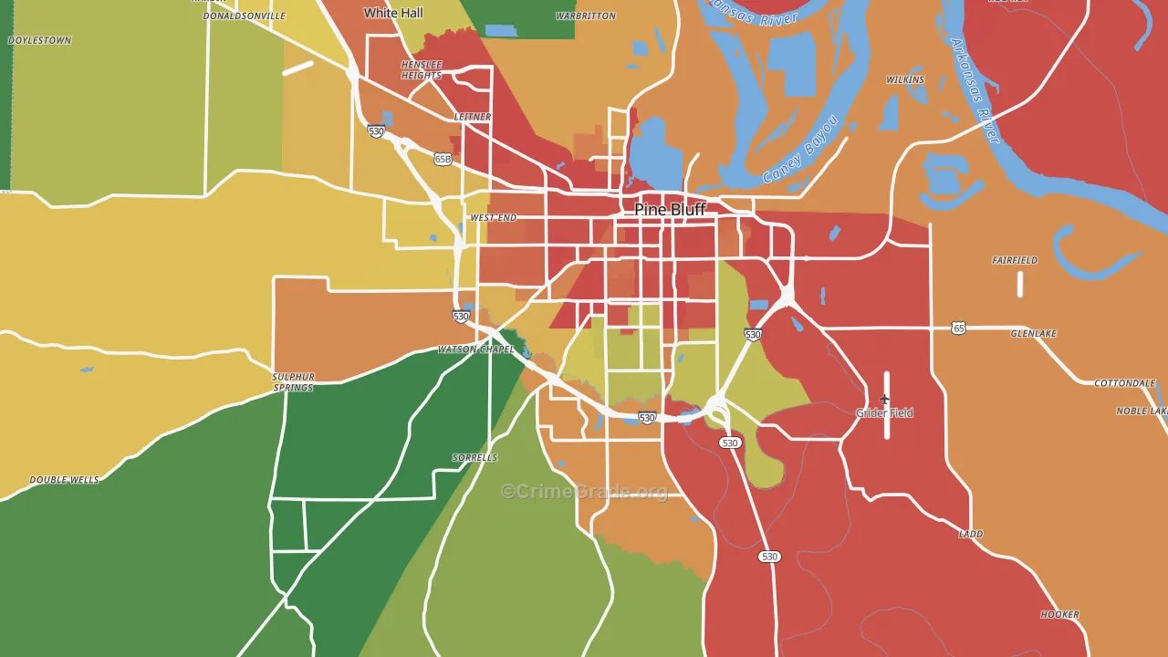 Pine Bluff, AR Map of Robbery Rates