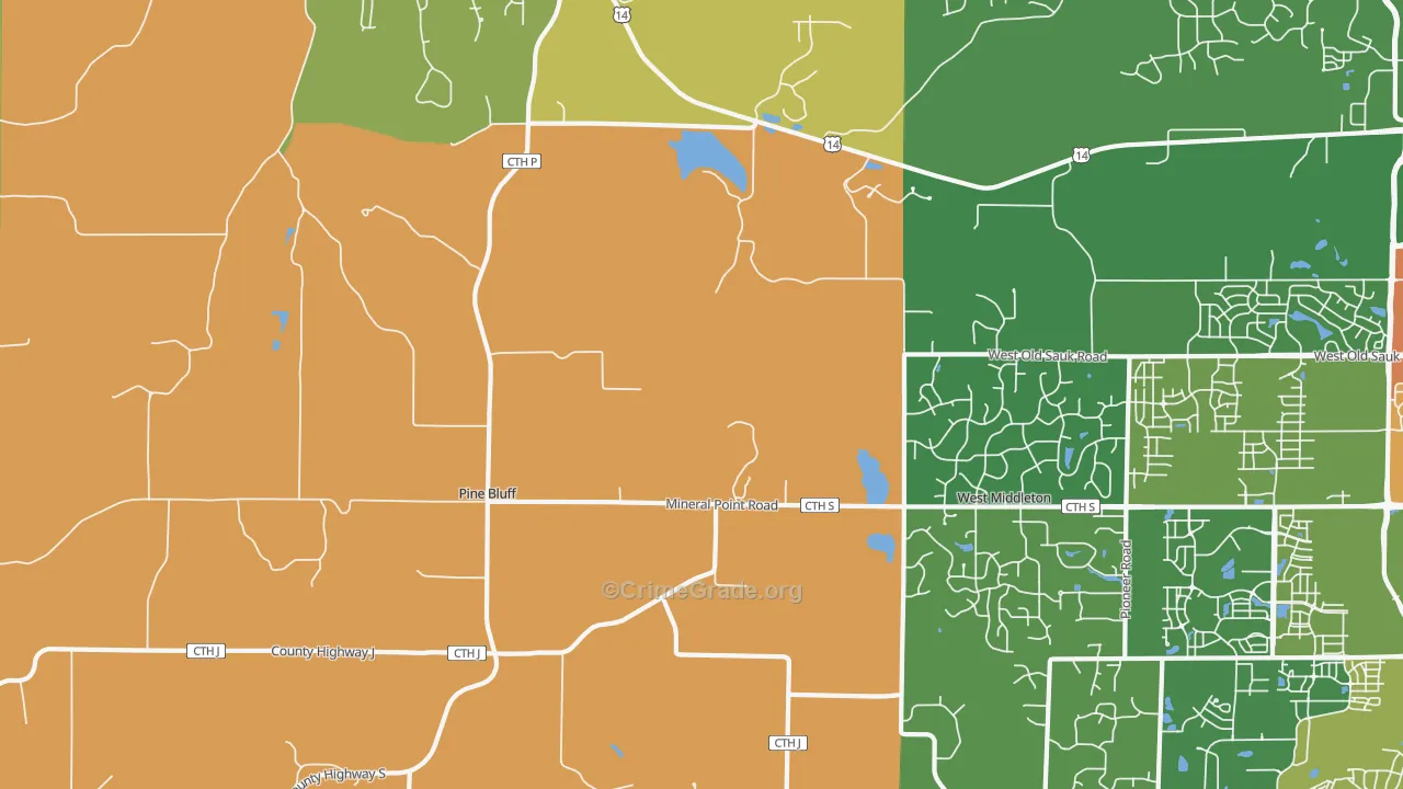 Pine Bluff, WI Map of Robbery Rates