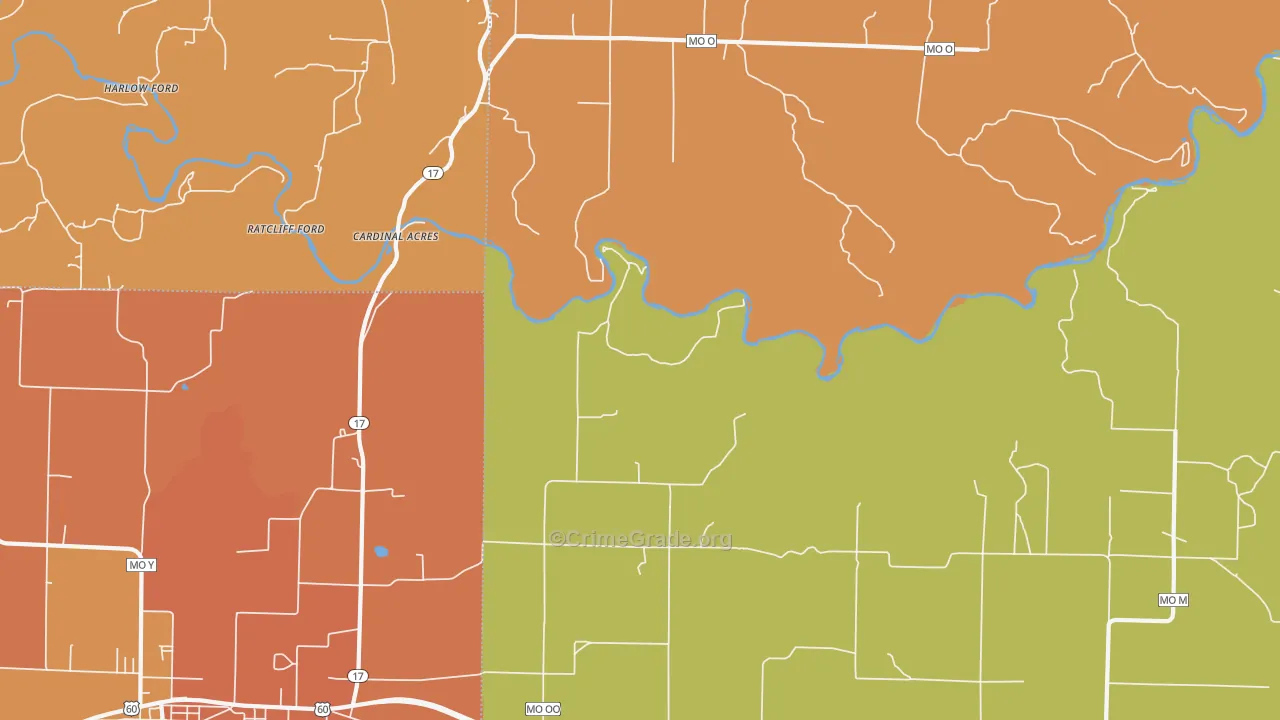 Pine Crest, MO Map of Robbery Rates