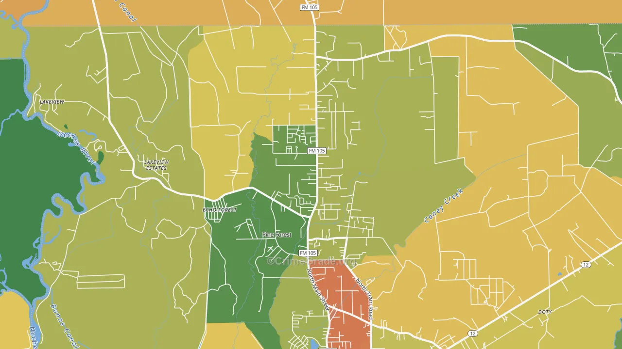 Pine Forest, TX Map of Robbery Rates