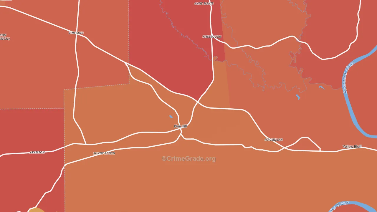 Pine Hill, AL Map of Robbery Rates