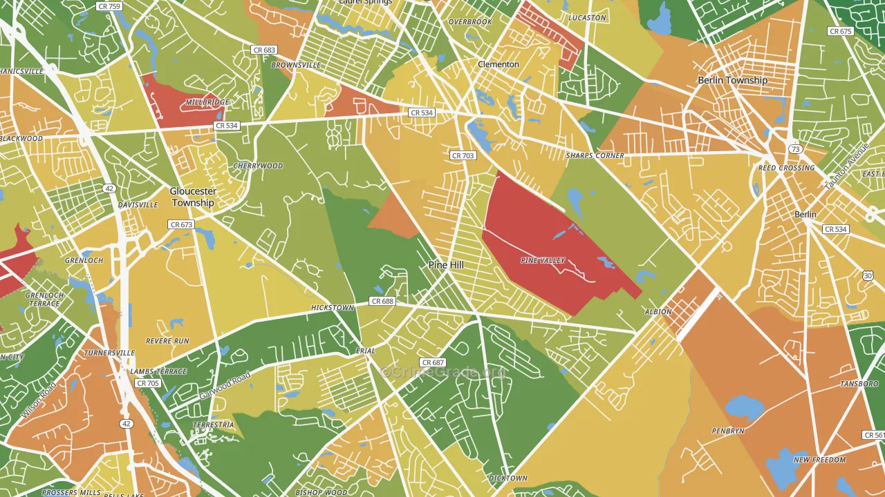 Pine Hill, NJ Map of Robbery Rates
