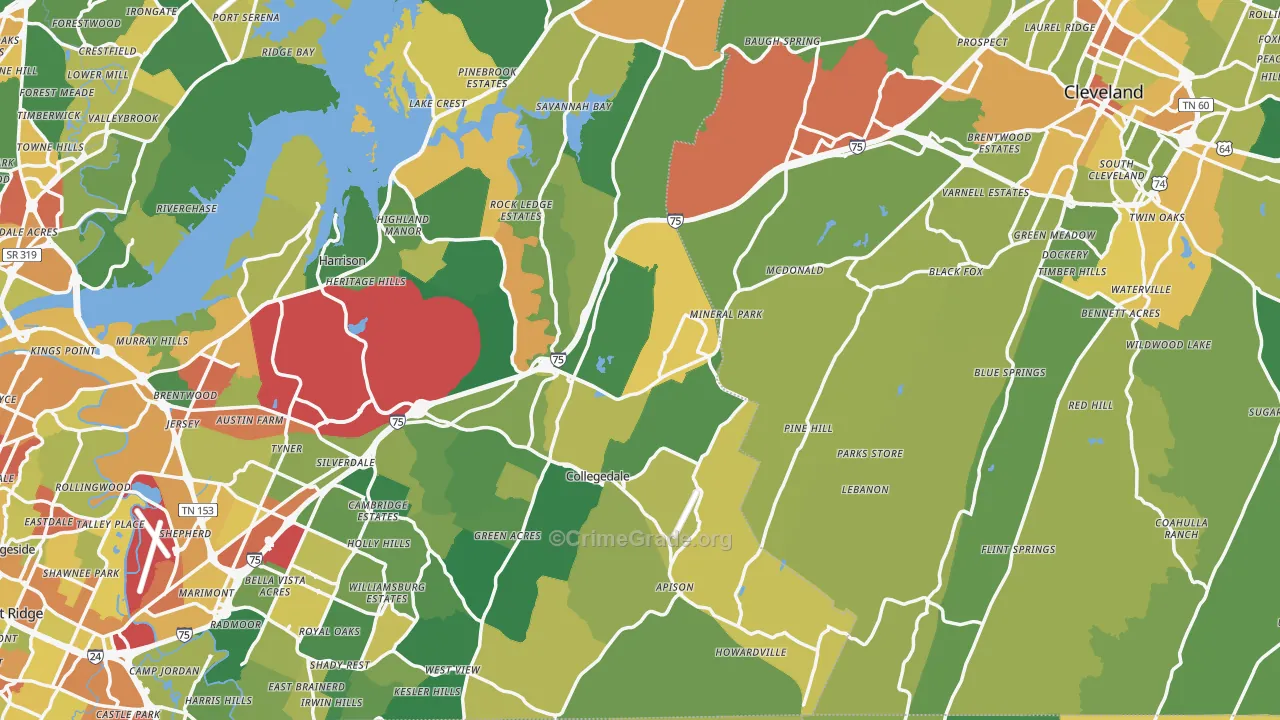 Pine Hill, TN Map of Robbery Rates