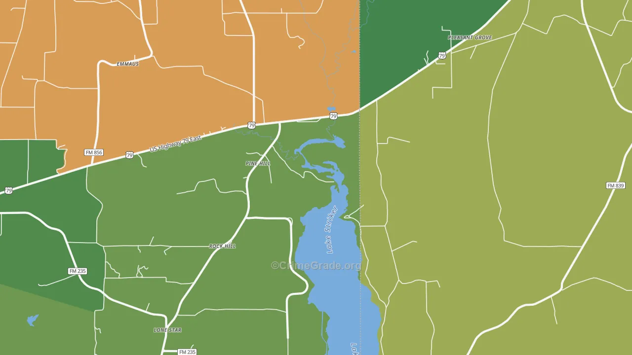 Pine Hill, TX Map of Robbery Rates