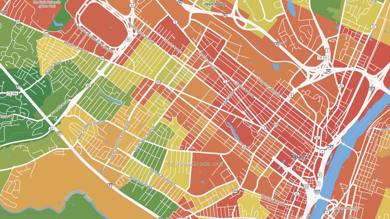 Pine Hills, Albany, NY Map of Robbery Rates