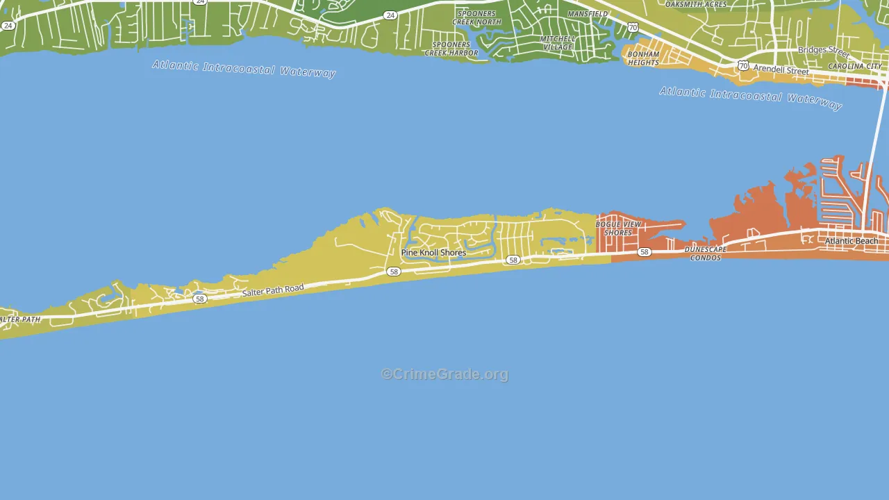 Pine Knoll Shores, NC Map of Robbery Rates