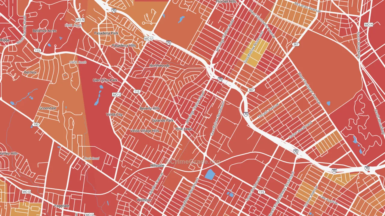 Pine Lawn, MO Map of Robbery Rates