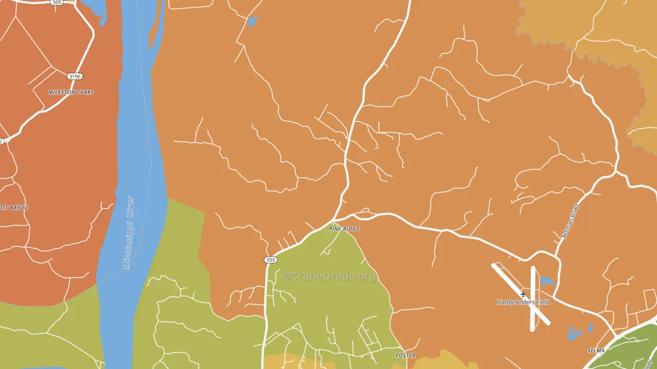 Pine Ridge, MS Map of Robbery Rates